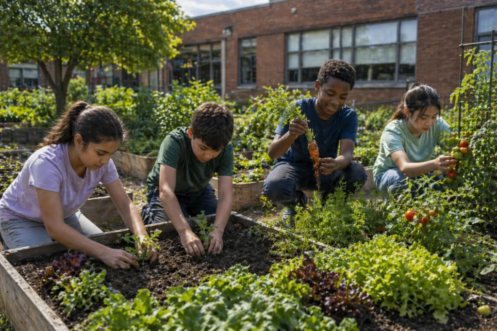 Children planting and picking vegetables