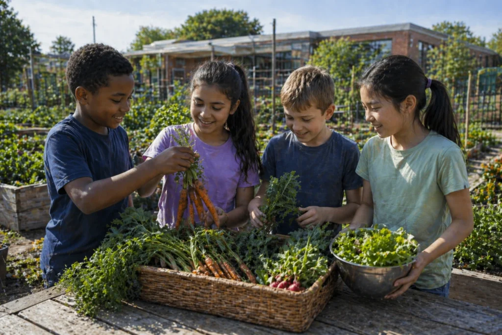 Children having fun sharing their gardening results